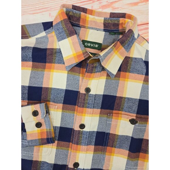 Orvis Mens Classic Fit Plaid Flannel Shirt Large Orange/Blue - Picture 4 of 7